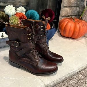 Earthies Ankle Boots in a rich port color. Zippered, with laces and buckles.